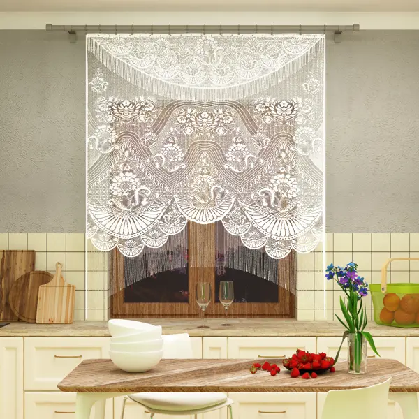 Занавеска для кухни «Магия» без шторной ленты 170х220 см цвет белый