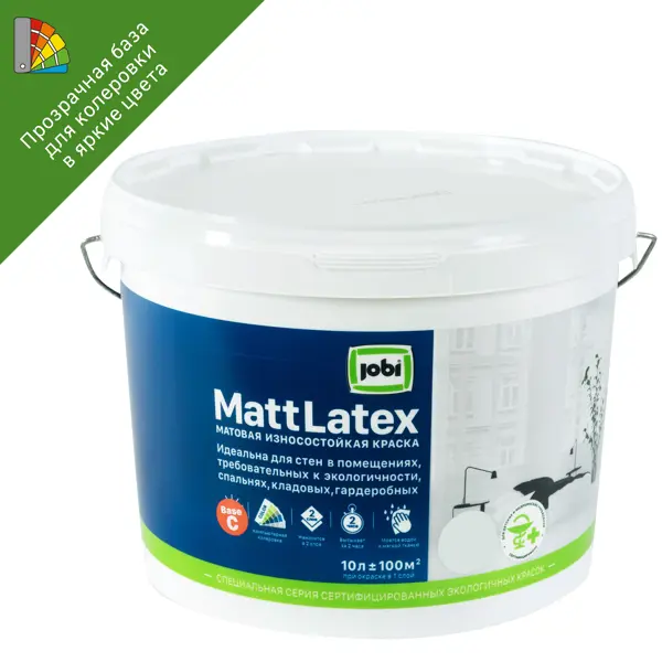 Краска для колеровки для стен и потолков Jobi «Mattlatex» прозрачная база C 10 л