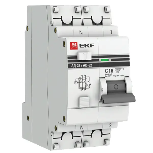 Дифференциальный автомат EKF PROxima АД-32 1P N C16 A 10 мА 4.5 кА AC DA32-16-10-a-pro