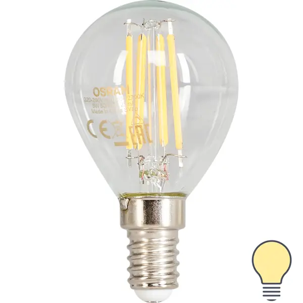 Лампа светодиодная филаментная Osram E14 220 В 5 Вт шар прозрачная 520 лм тёплый белый свет, для диммера
