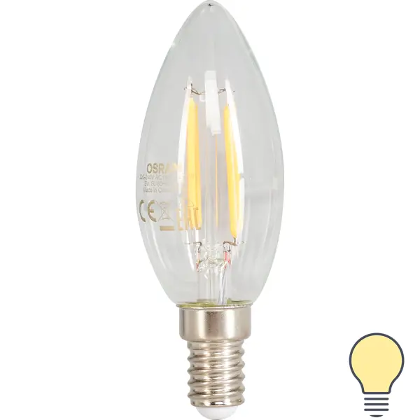 Лампа светодиодная филаментная Osram E14 220 В 5 Вт свеча прозрачная 520 лм тёплый белый свет, для диммера