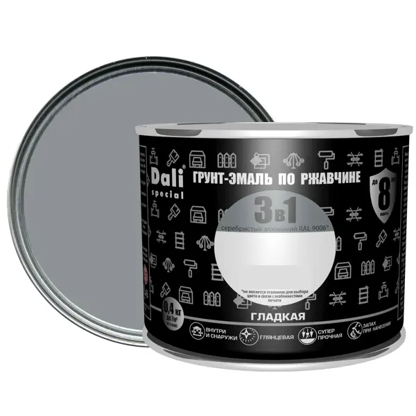 Грунт-эмаль по ржавчине 3 в 1 Dali Special гладкая цвет серебристый 0.4 кг RAL 9006