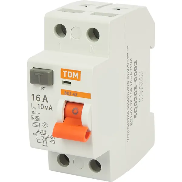 УЗО Tdm Electric ВД1-63 2P 16 A 10 мА 4.5 кА AC SQ0203-0002