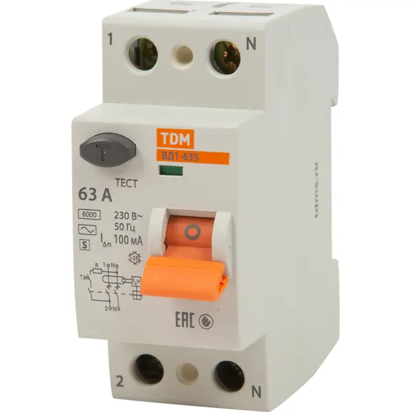 УЗО Tdm Electric ВД1-63S 2P 63 A 100 мА 4.5 кА AC SQ0203-0060