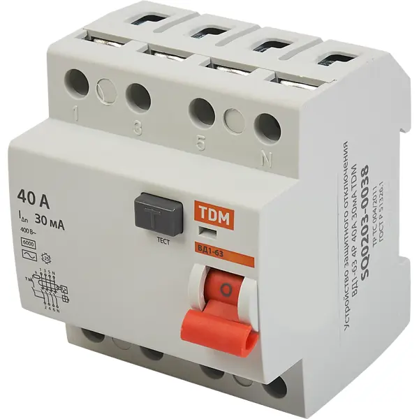 УЗО Tdm Electric ВД1-63 4P 40 A 30 мА 4.5 кА AC SQ0203-0038