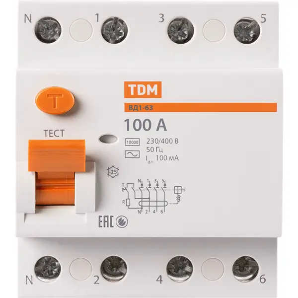 УЗО Tdm Electric ВД1-63 4P 100 A 100 мА 4.5 кА AC SQ0203-0048