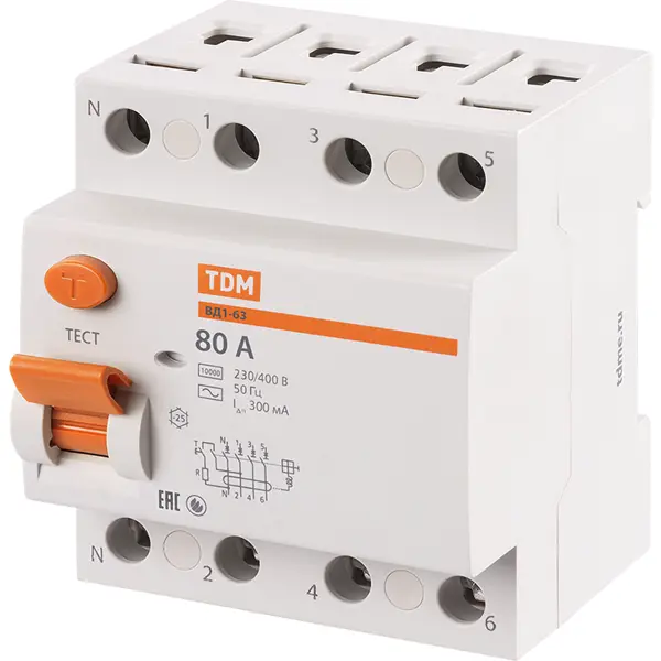 УЗО Tdm Electric ВД1-63 4P 80 A 300 мА 4.5 кА AC SQ0203-0046