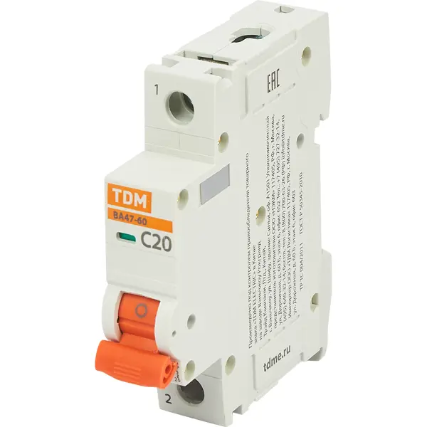 Автоматический выключатель TDM Electric ВА47-60 1P C20 А 6 кА SQ0223-0078