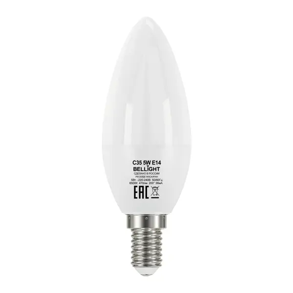 Лампа светодиодная Bellight Е14 220-240 В 5 Вт свеча 470 лм холодный белый цвет света