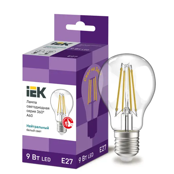 Лампа светодиодная IEK E27 175-250 В 9 Вт груша прозрачная 1080 лм нейтральный белый свет