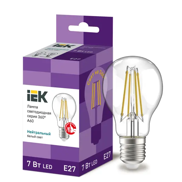 Лампа светодиодная IEK E27 175-250 В 7 Вт груша прозрачная 840 лм нейтральный белый свет