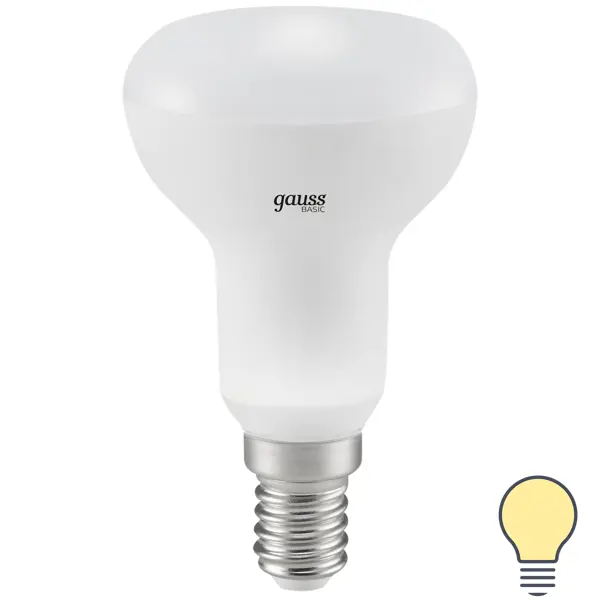 Лампа светодиодная Gauss R50 E14 170-240 В 7.5 Вт гриб матовая 750 лм, теплый белый свет