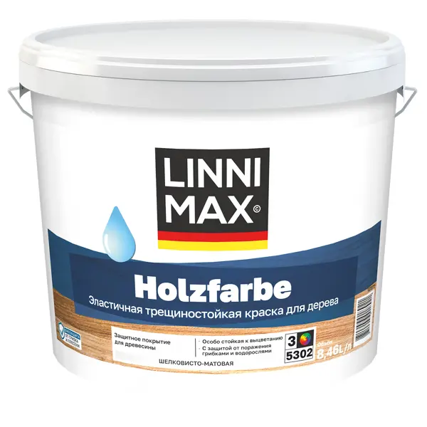 Краска фасадная Linnimax Holzfarbe шелковисто-матовая прозрачная база Б3 8.46 л